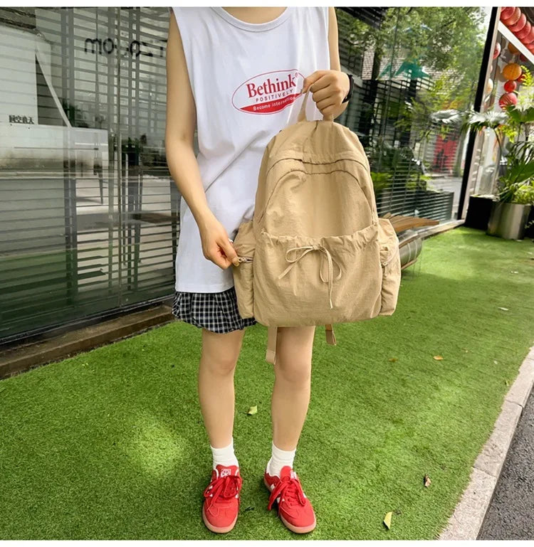 Japanese Style Student Backpack Solid Color Bow Travel School Bag Lightweight and Fashionable Women's Backpack New Simple Casual