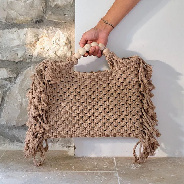 Macrame bag wholesale women Crochet boho chic Summer fringe beach tote bag ivory purple green blue black