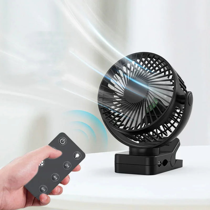 Remote Control Mini Desk Fan USB Rechargeable 12000mAh Large Battery Portable Outdoor Camping Clip Fan with LED Night Light