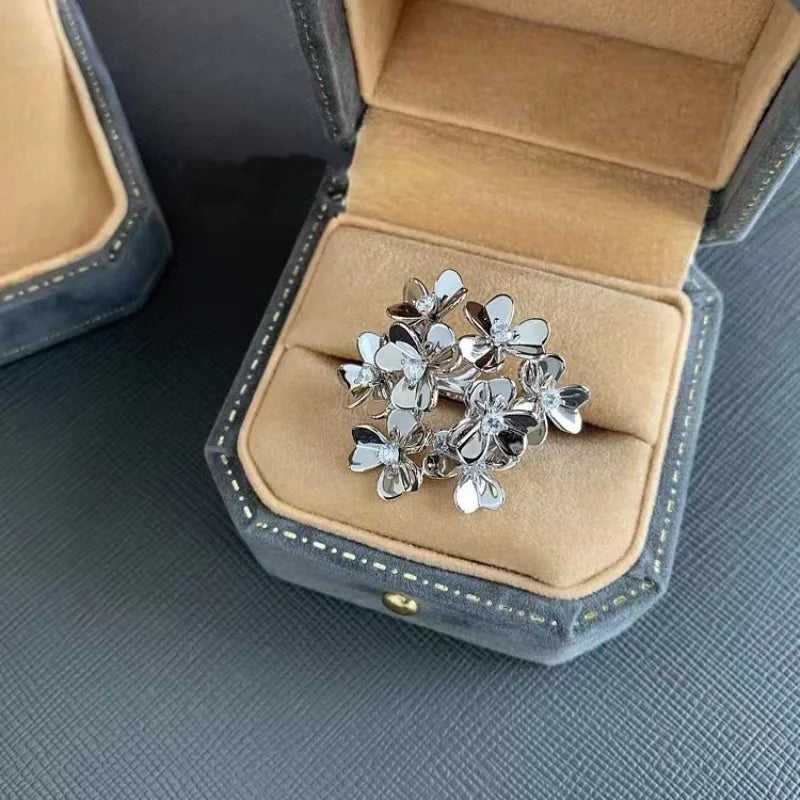 Fashion luster diamonds inlaid floral petal rings for women light luxury fashion flower ring couple high-end jewelry gift