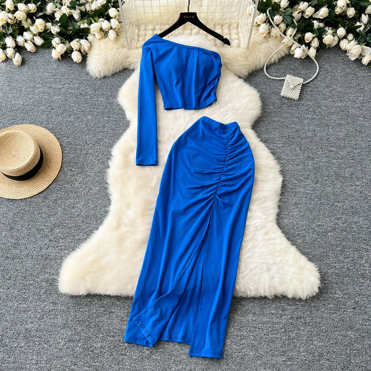 Chic Two-piece Sets One Shoulder Long Sleeve Diagonal Collar Blouse Basics High Waist Split Skirt High Street Vintage Clothing