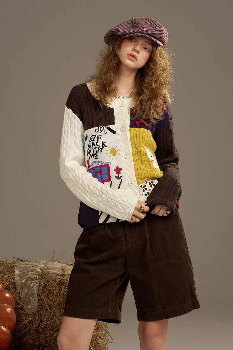 ELFSACK 2025 Autumn New Arrivals Casual Cute Color Block Puppy Cartoon Embroidery Cardigan Sweater For Woman