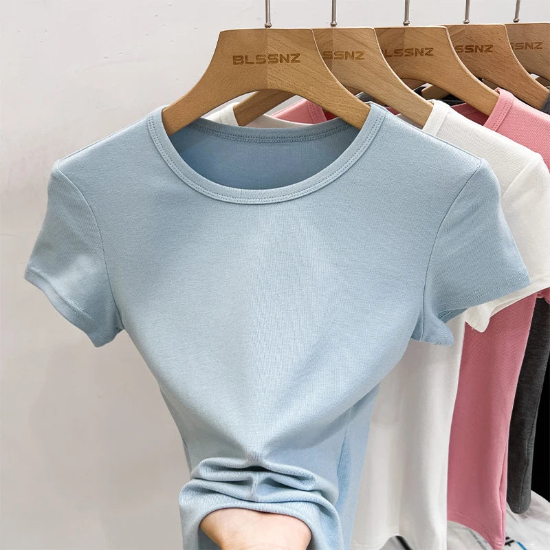 AOSSVIAO 2026 Summer White Cotton O Neck T-shirt Student Short Sleeve Versatile Tops Solid Slim Fit T Shirts Y2k Tee