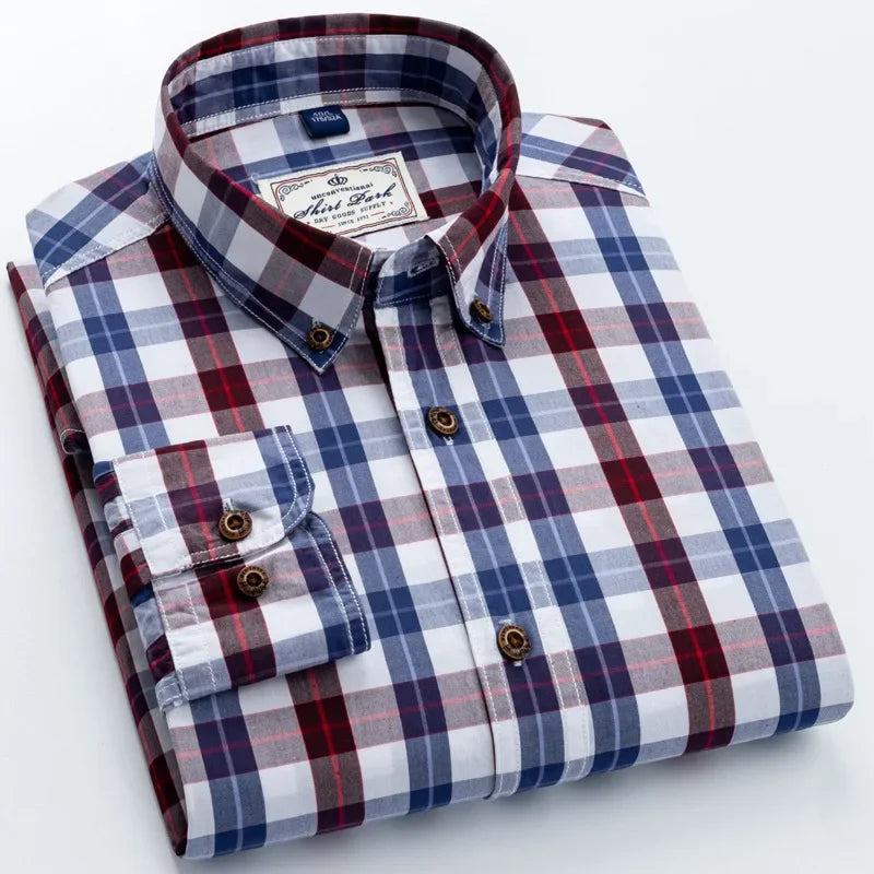 Neue Herren-Langarmhemd aus reiner Baumwolle im Karomuster Frühling Ganzbaumwoll-Freizeithemd Koreanischer Stil Schlank machend Glättet Ihre Silhouette Bügelfrei