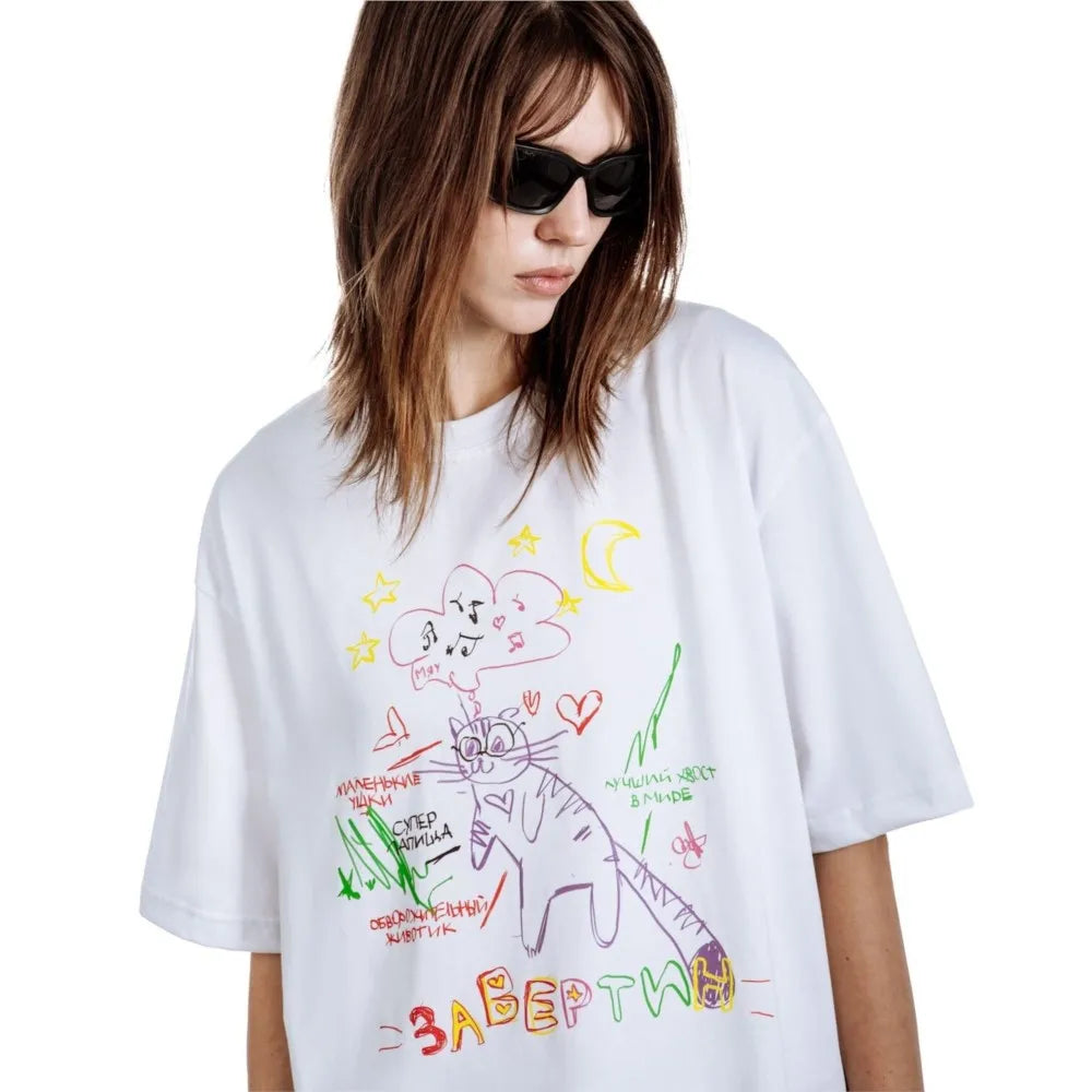 Streetwear Men's Clothing Cotton Cat Graphic Print Korean Fashion Harajuku Goth Y2k Hip Hop Short Sleeve Top Tee Oversize Tshirt
