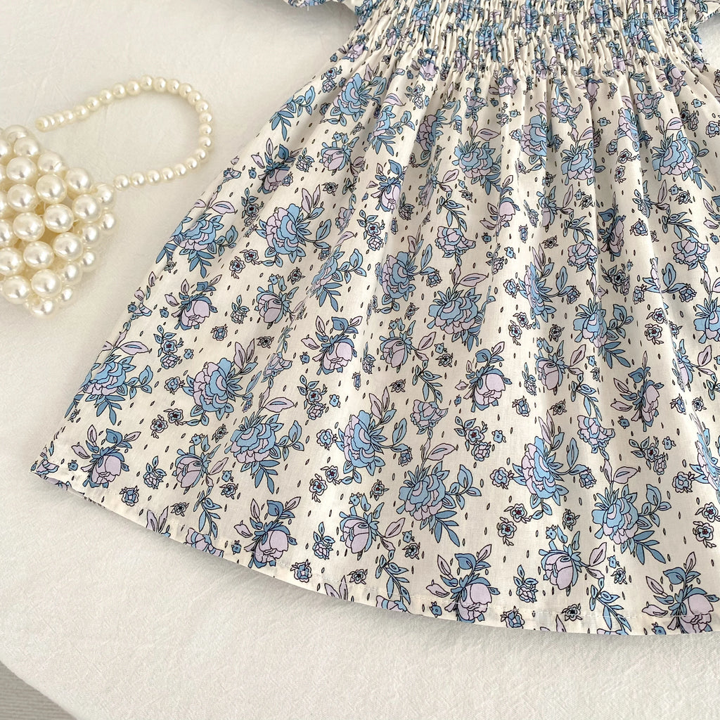 Toddler Girls Floral Princess Dress Little Girl Cotton Short Sleeve Blue Flowers Party Dress Summer Casual Dresses Kids Clothes