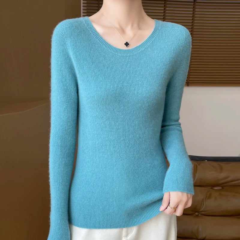 Early Fall New Crew-Neck Sweater Elegant High Elastic Simple Solid Color Thin Knit Crew-Neck Sweater Long Sleeve-GH458