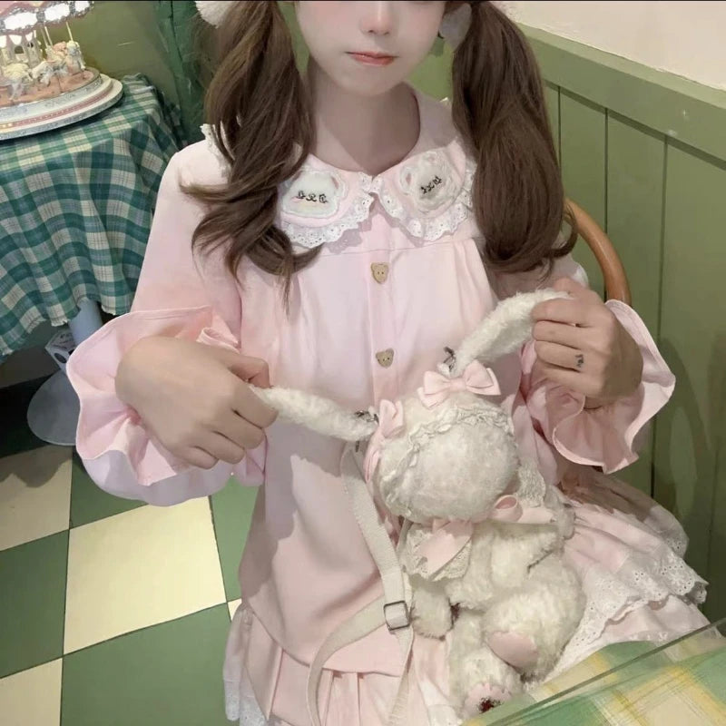 Japanese Lace Patchwork Lolita Sweet Shirt Embroidery Cartoon Kawaii Cute Blouses Harajuku Fairy Peter Pan Collar Grunge Blusas