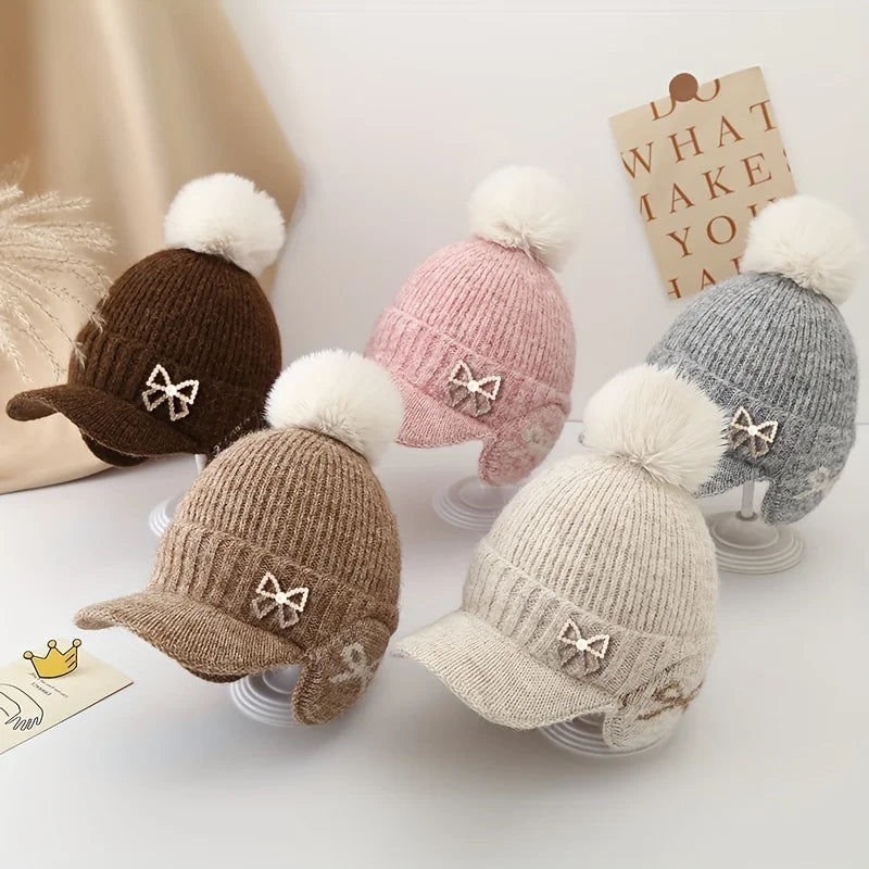1Piece of Winter Hat, Thickened And Warm, Featuring a Duckbill Design, a Bow And a Pom-Pom. Stylish for Autumn for Kids Aged 4-8