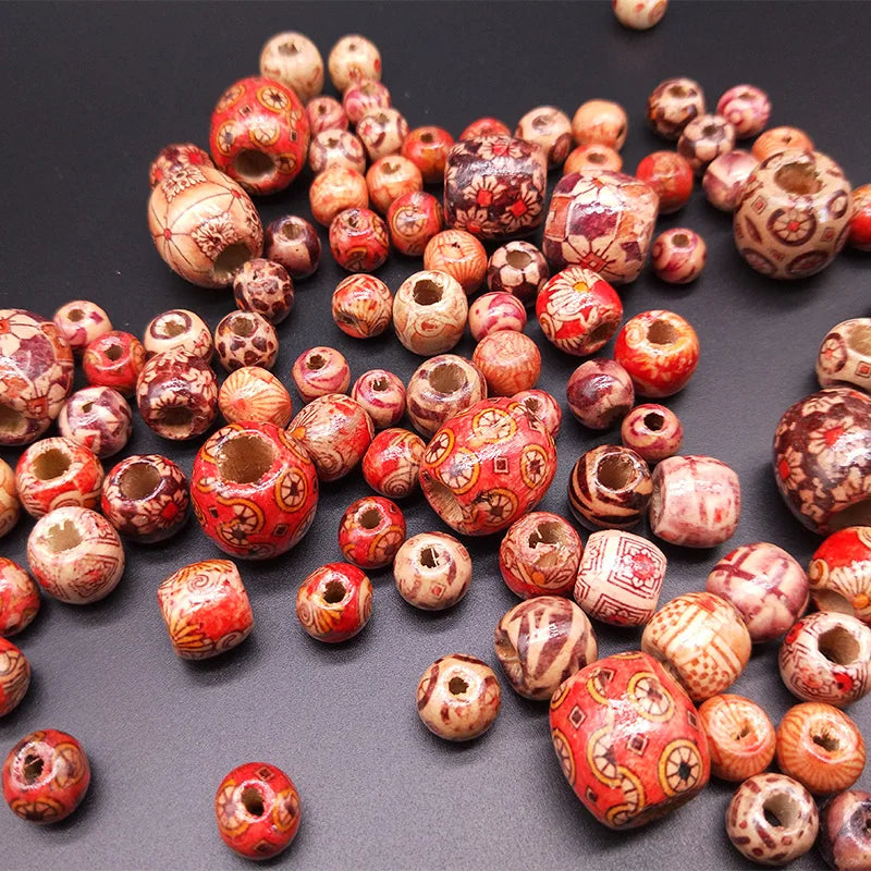 Mixed Wooden Round Loose Beads Painted Drum Wood Beads Big Hole Beads DIY Charm Bracelet Jewelry Crafts Making Accessories