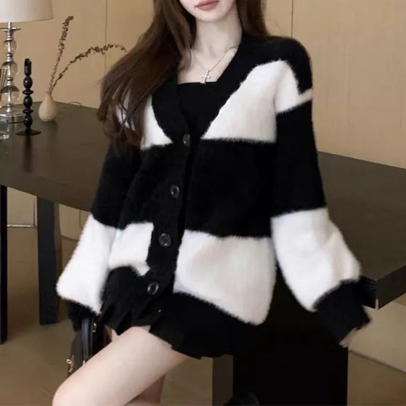 Women Mink Fur Knitted Cardigans Sweaters Autumn Winter Loose Sweet Fashion Stripe Lantern Sleeve Thicken Contrast Color Coats