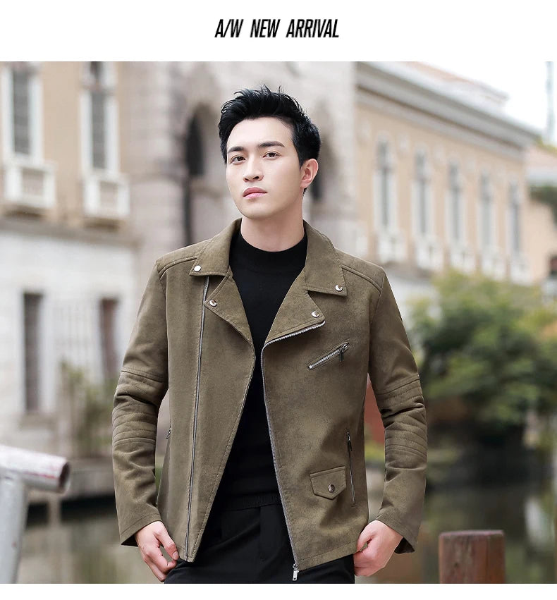 Men's Streetwear Vintage Motorcycle Coat Stand Collar Brown Leather Jacket Motorcycle PU Faux Leather Coat Winter Outwear Mens