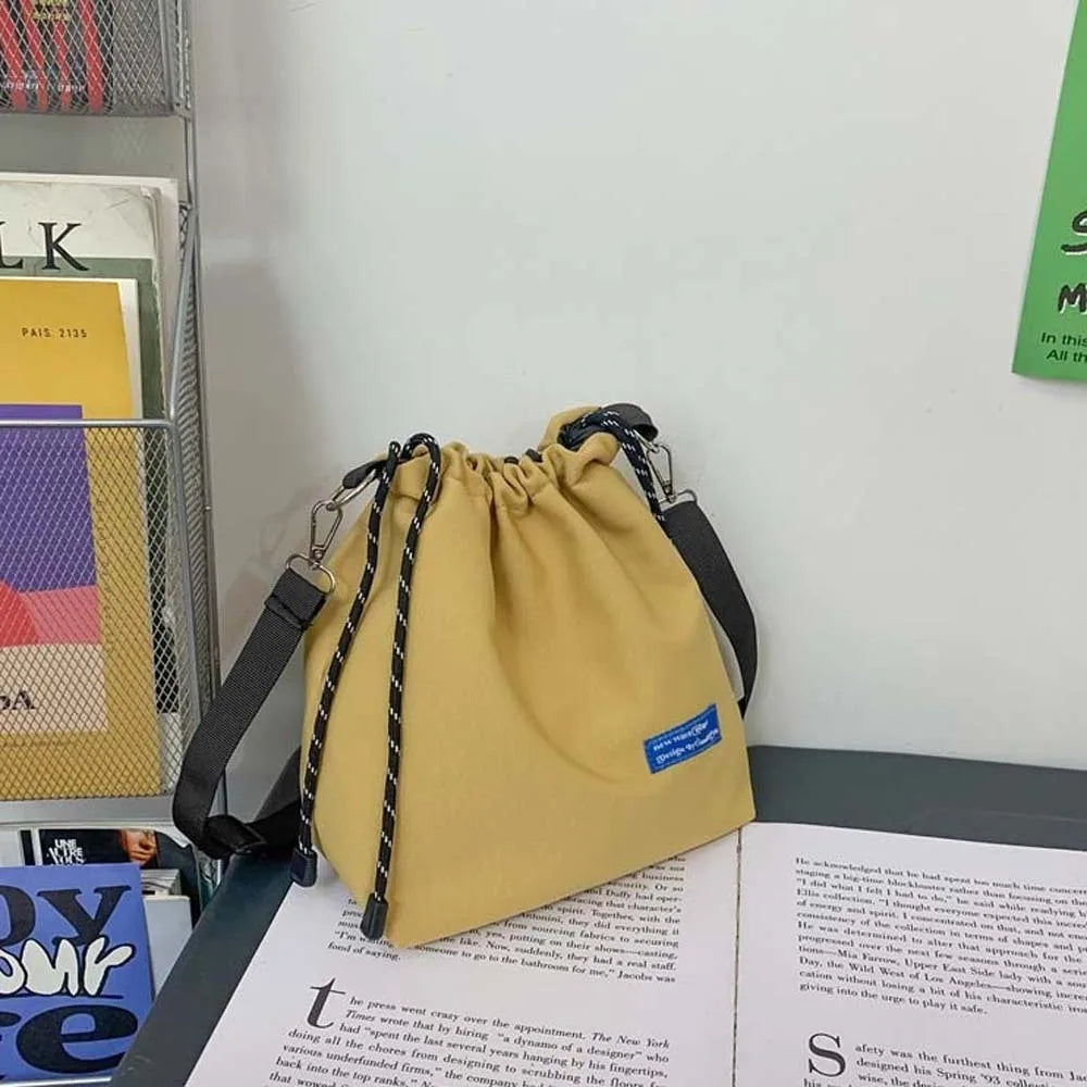 INS Nylon Drawstring Bucket Bag Casual Adjustable Korean Style Shoulder Bag Portable Black/White/Yellow Men Crossbody Bag Travel