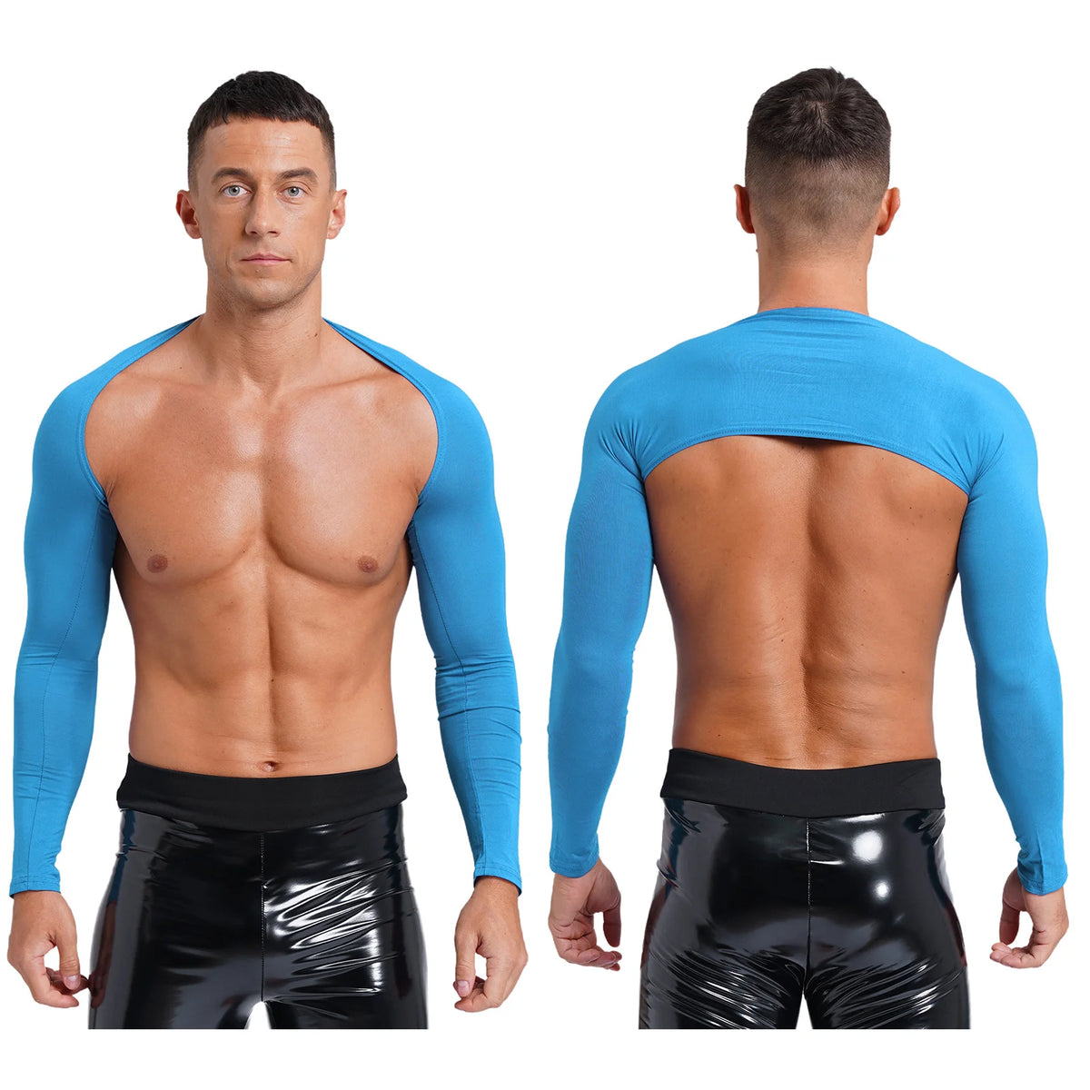 Men Open Front Half Crop Top Solid Long Sleeve Cardigan Bolero Shrug Tops Muscle Arm Sleeves Workout Sports Gym Tops Clubwear