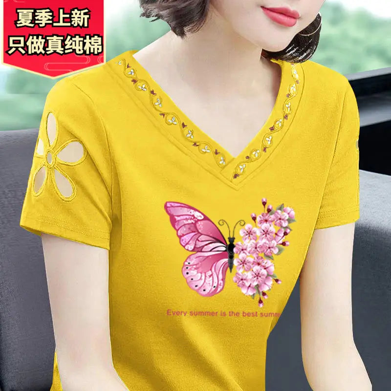 Simplicity Office Lady Summer New Pure Cotton Women's Solid V-Neck Embroidered Fashion Casual Loose Short Sleeve T-Shirts Tops