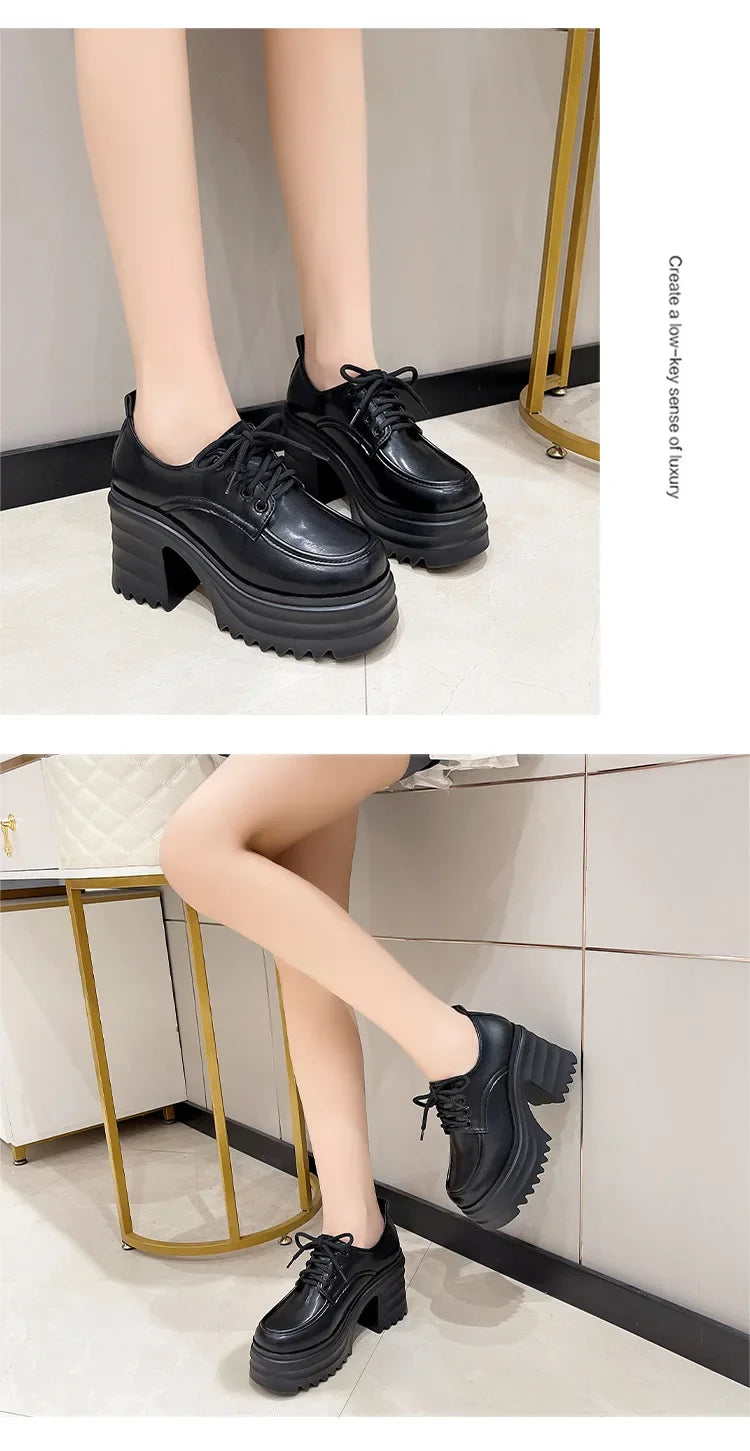Gothic Chunky High Heels Loafers for Woman New Leather Platform Loafers Female Solid Color Thick Heeled Lolita Shoes 2024