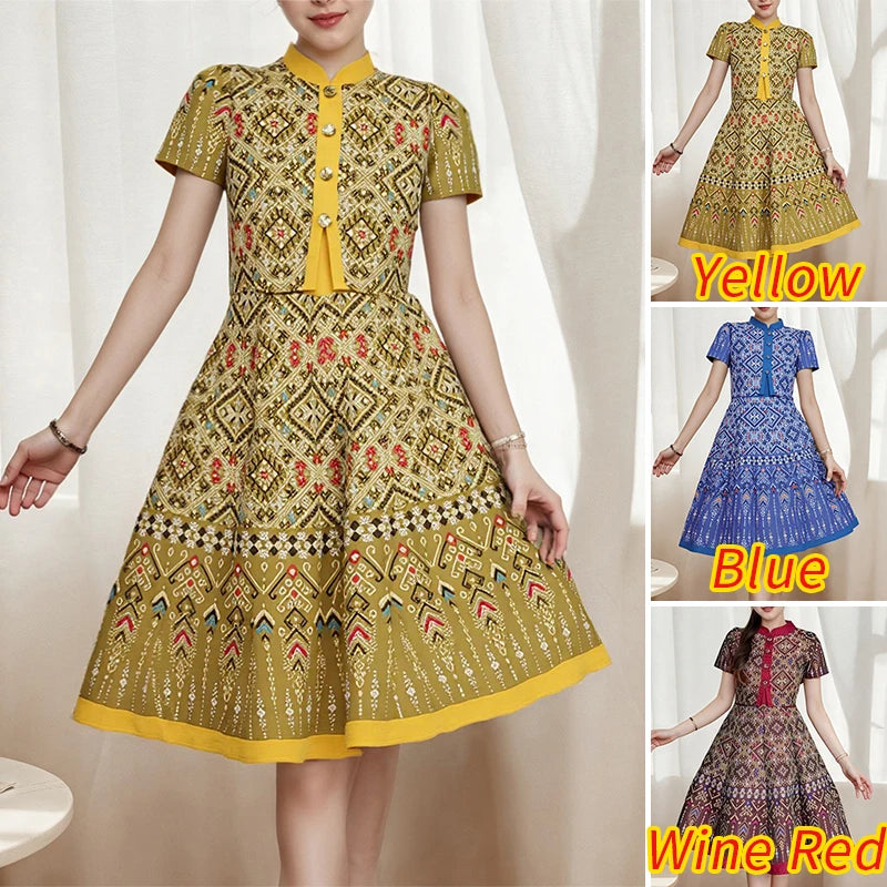 ZANZEA Vintage Geometric Print A-Line Dress Women Fake Two-Piece Stand Collar Short Sleeve Knee-Length Robes Holiday Vestidos