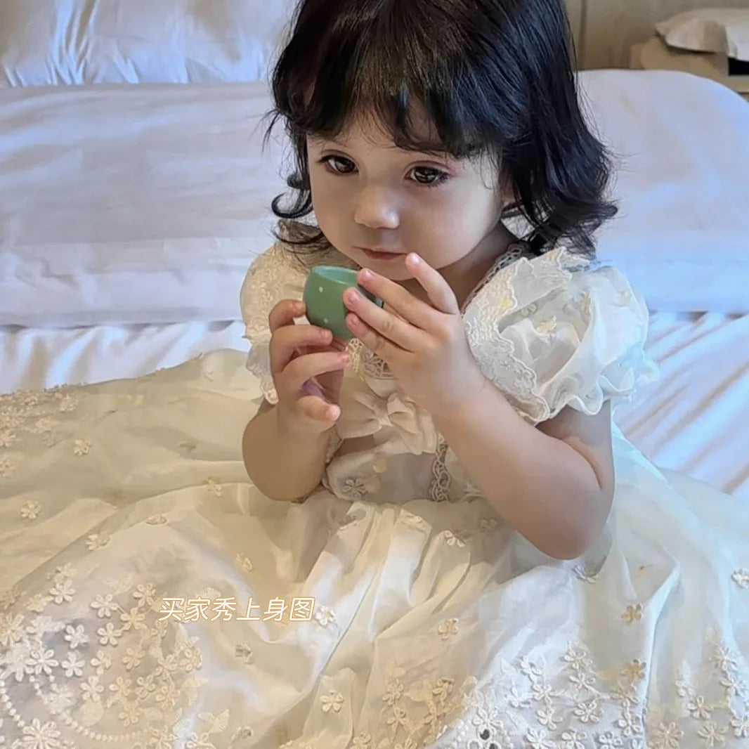 Girls' French Lolita Princess Dress, New Summer Style One-Year-Old Dress, White Cute Little Girl's Beautiful Short-Sleeved Dress