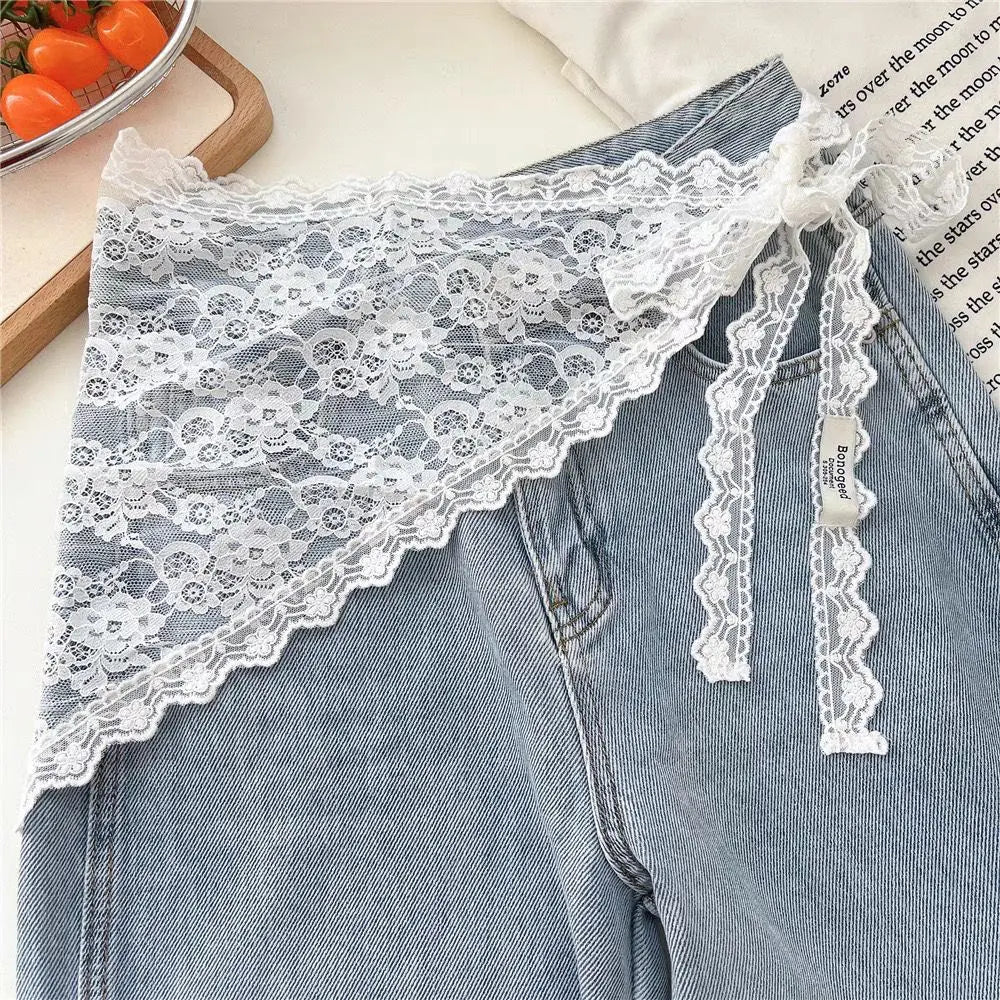 Lace Trim Bandana Triangle Scarf Delicate Ins Ruffled Lace Hair Scarf 2-in-1 Head Band Waist Accessory for Y2K Outfits Headscarf