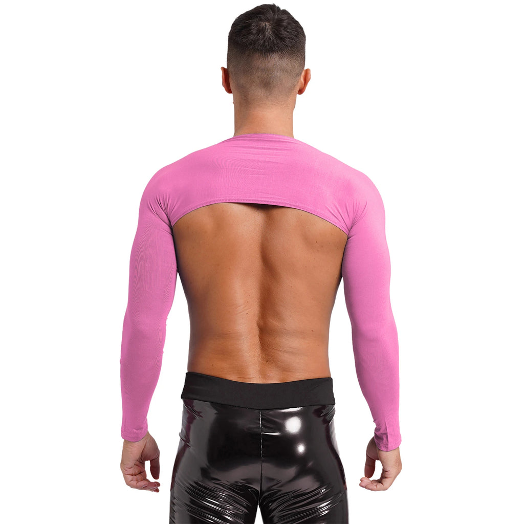 Men Open Front Half Crop Top Solid Long Sleeve Cardigan Bolero Shrug Tops Muscle Arm Sleeves Workout Sports Gym Tops Clubwear