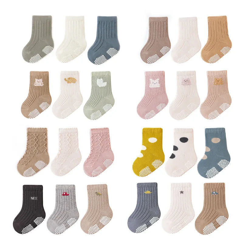 3 Pairs/lot Four Seasons Toddler Baby Anti-slip Socks for Newborns Cute Solid Color Cotton Non Slip Boys Girls Floor Socks 0-8Y