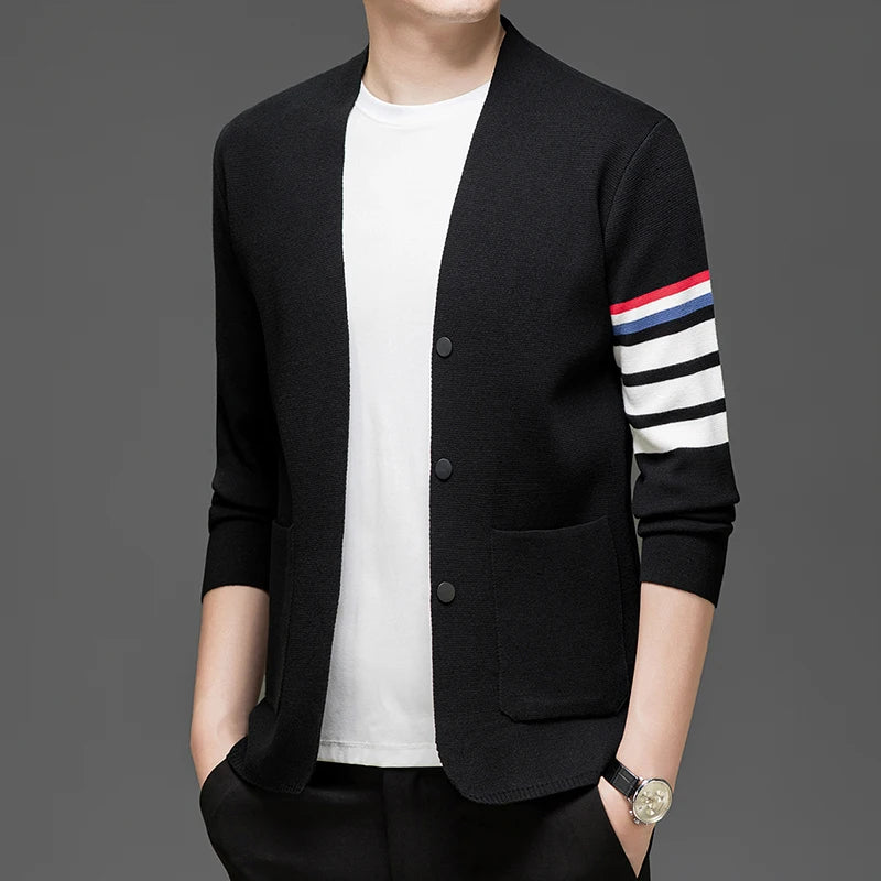 Spring Autumn New Men's V-Neck Knitted Cardigan High Quality Color Blocked Striped Breathable Pocket Sweater Versatile Menswear