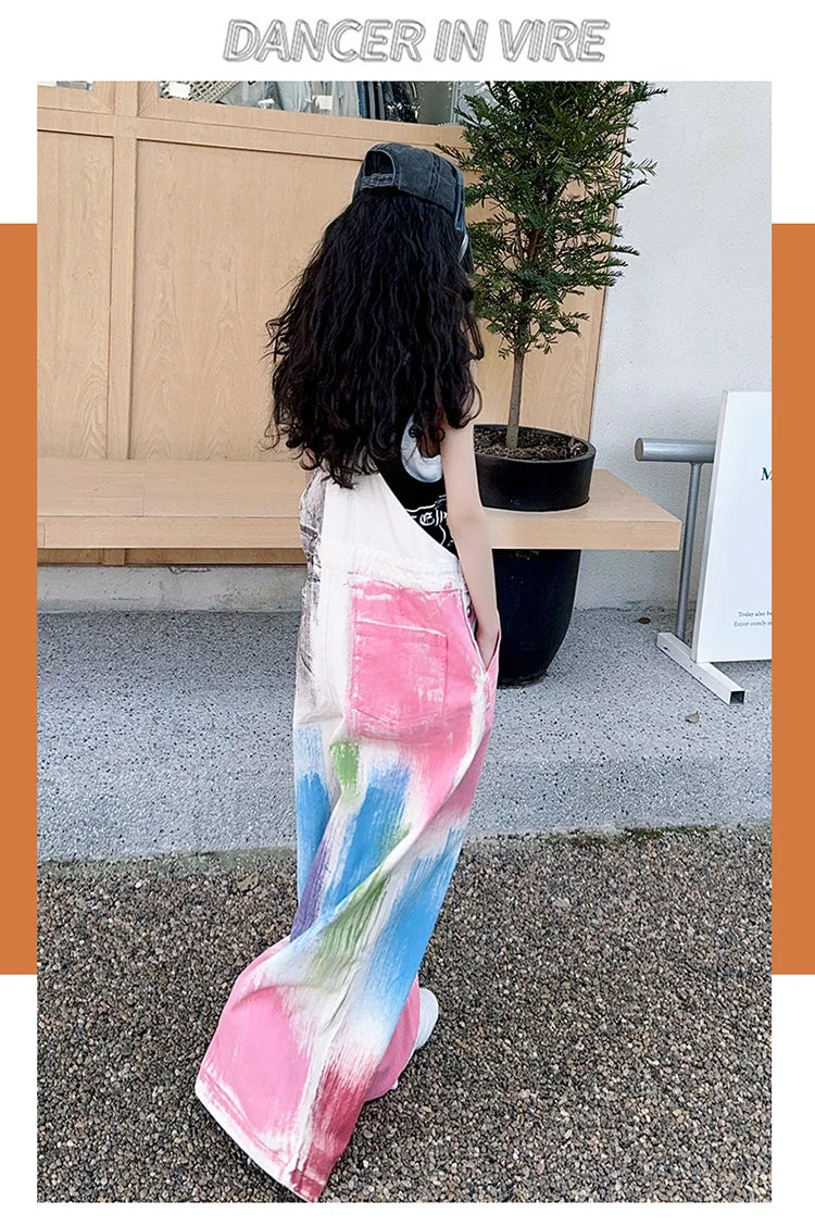 Child Stylish Denim Jumpsuit Dungarees with Drawings for Girl High Fashion Streetwear Suspender Overall Kids Colored Strap Jeans