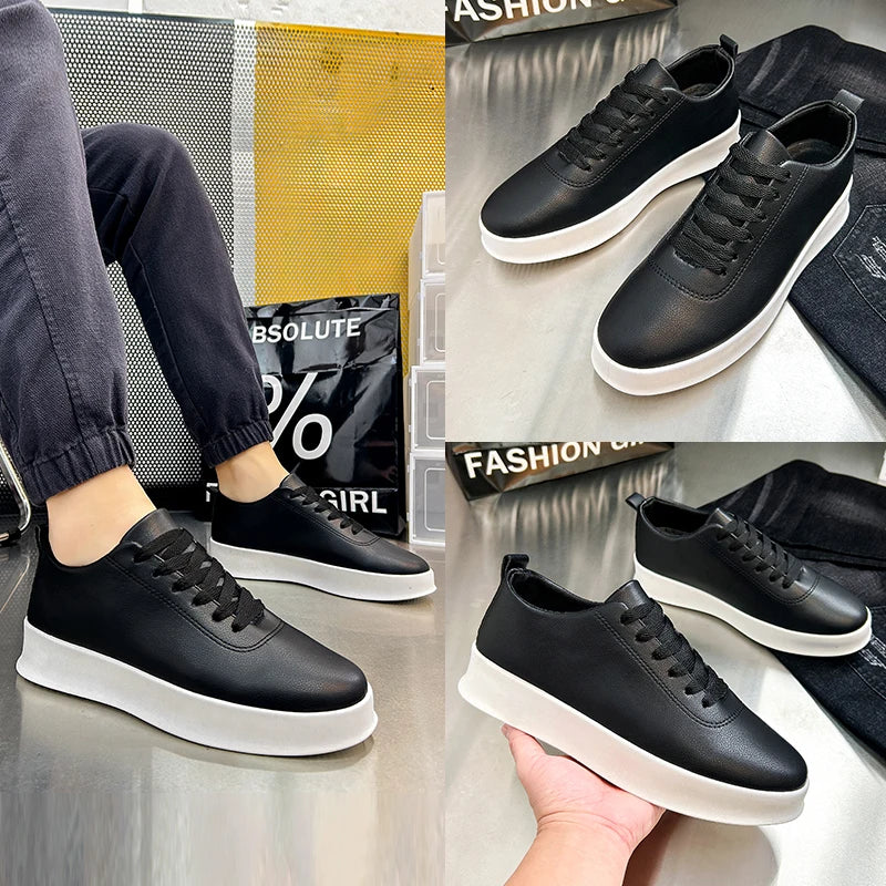 Zapatillas de hombre de moda con suela gruesa, negras y blancas, de cuero suave, zapatos informales de plataforma, zapatos deportivos para caminar, zapatos de trabajo ligeros