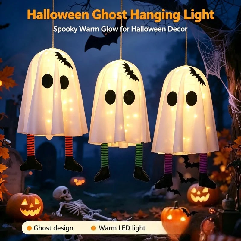 Halloween Glowing White Ghost Hanging Ghosts with Fairy Lights Halloween Outdoor Decoration 50cm Halloween Party Decoration