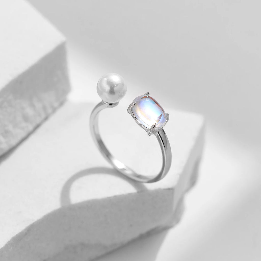 MODIAN 925 Sterling Silver Fine Jewelry Daily Accessories Charming Elegant Moonstone Crystal Pearls Adjustable Rings For Women