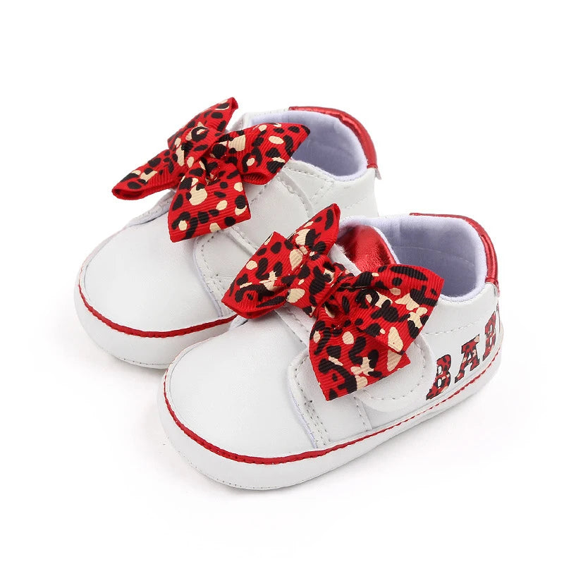 Citgeett Autumn Infant Baby Girl Sneaker Bow Letters Leopard Print Flats First Walking Shoes Casual Daily Shoes