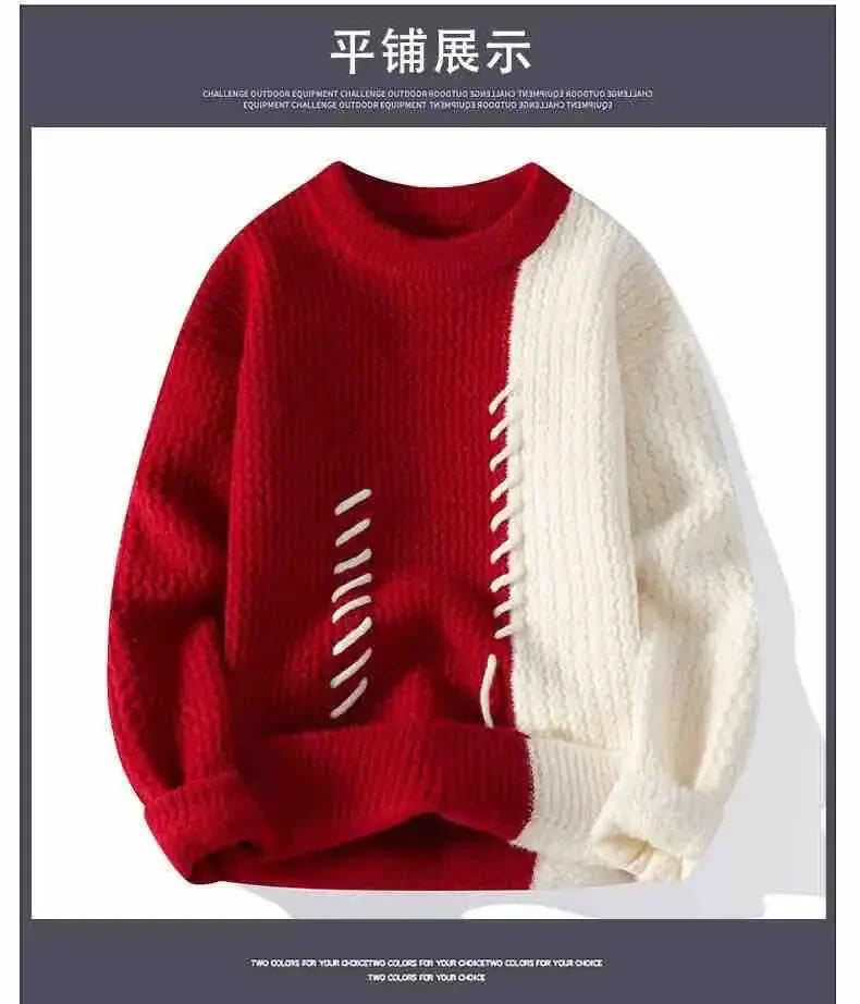 Autumn Winter Men Sweater O-Neck Patchwork Contrast Color Korean Trend Fashion Thicken Warm Pullovers Long Sleeve Knitted Tops