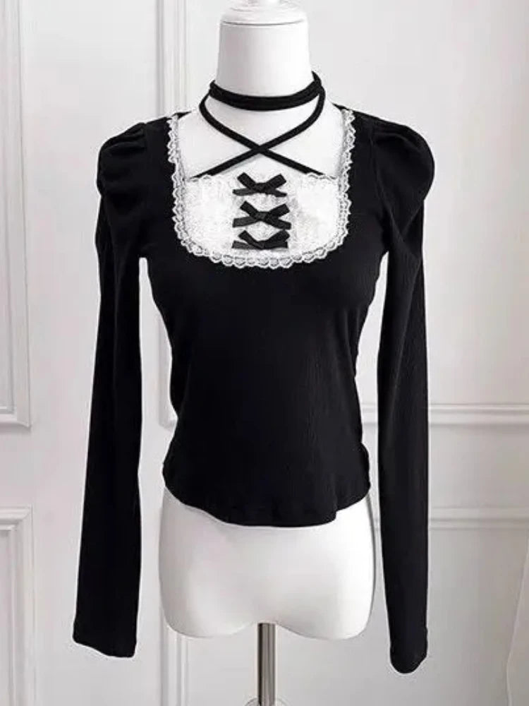 Herbst Lolita Pullover Frauen T-Shirts Subkultur Vintage Fake Two Tops Süße Kawaii Schleife Slim Fit Elegante Tees Damenbekleidung