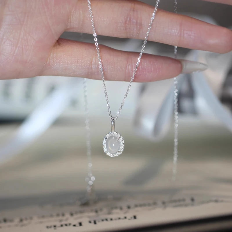 925 Sterling Silver White Jade Necklace Women's New Fashion Sweet Collarbone Chain Oval Pendant Simple Temperament Jewelry