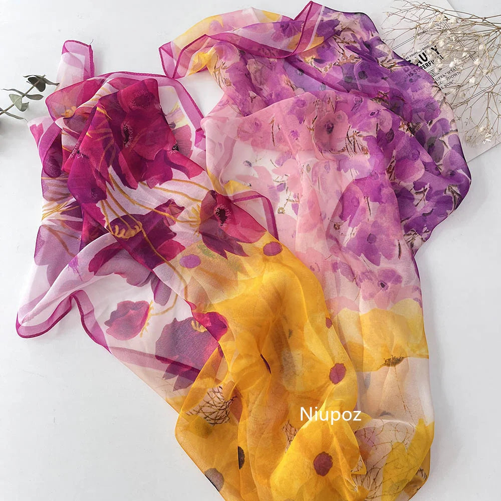 Bright Colors Printed Scarf Pretty Women Elegant Chiffon Georgette Bandana Scarf Summer Beach Sunscreen Thin Shawl