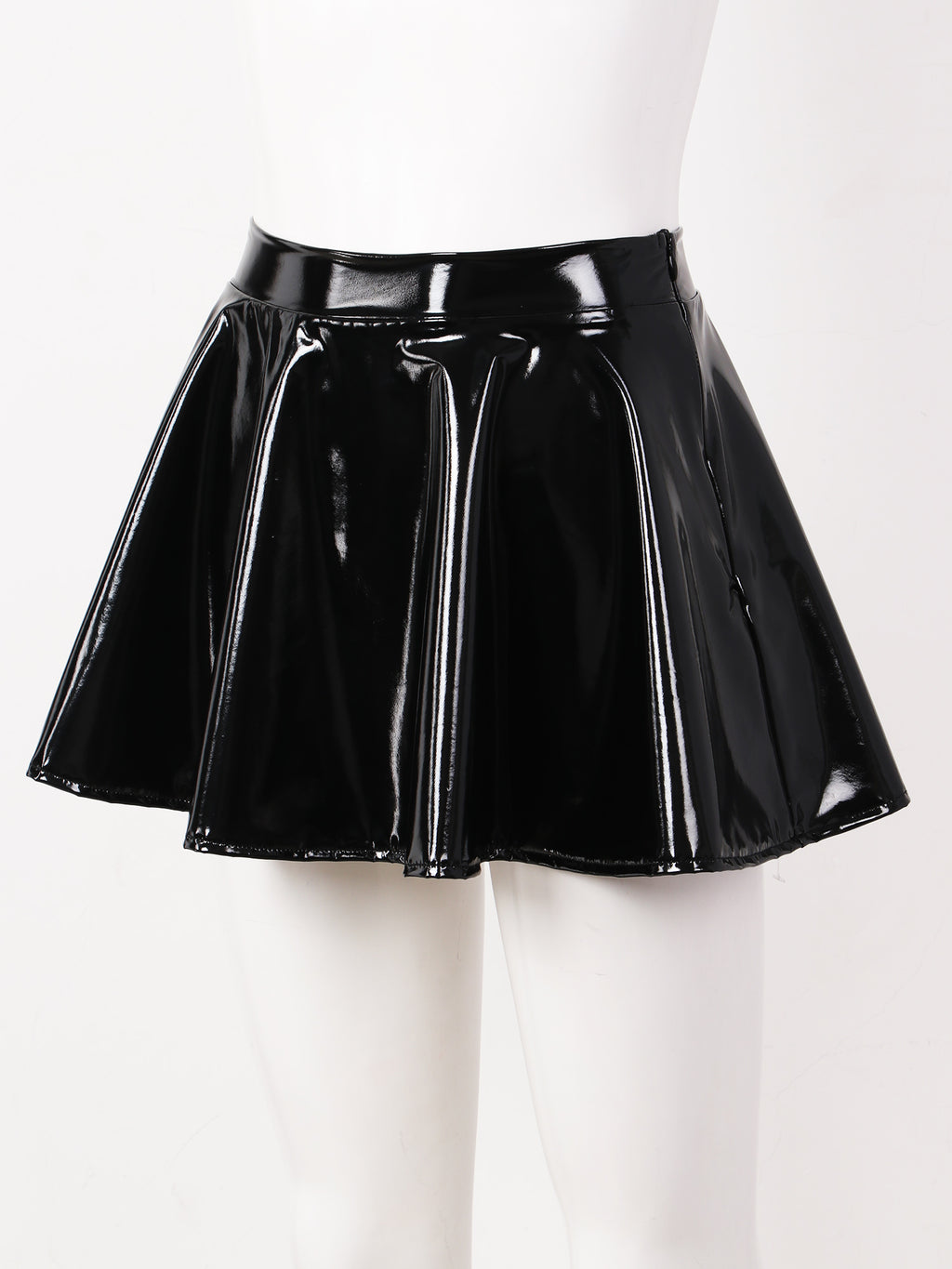 Sexy Damen Wetlook PVC Leder Rüschenröcke Party Low Waist Eingebaute Strings Minirock mit Strumpfhalter Metallclips Set Club