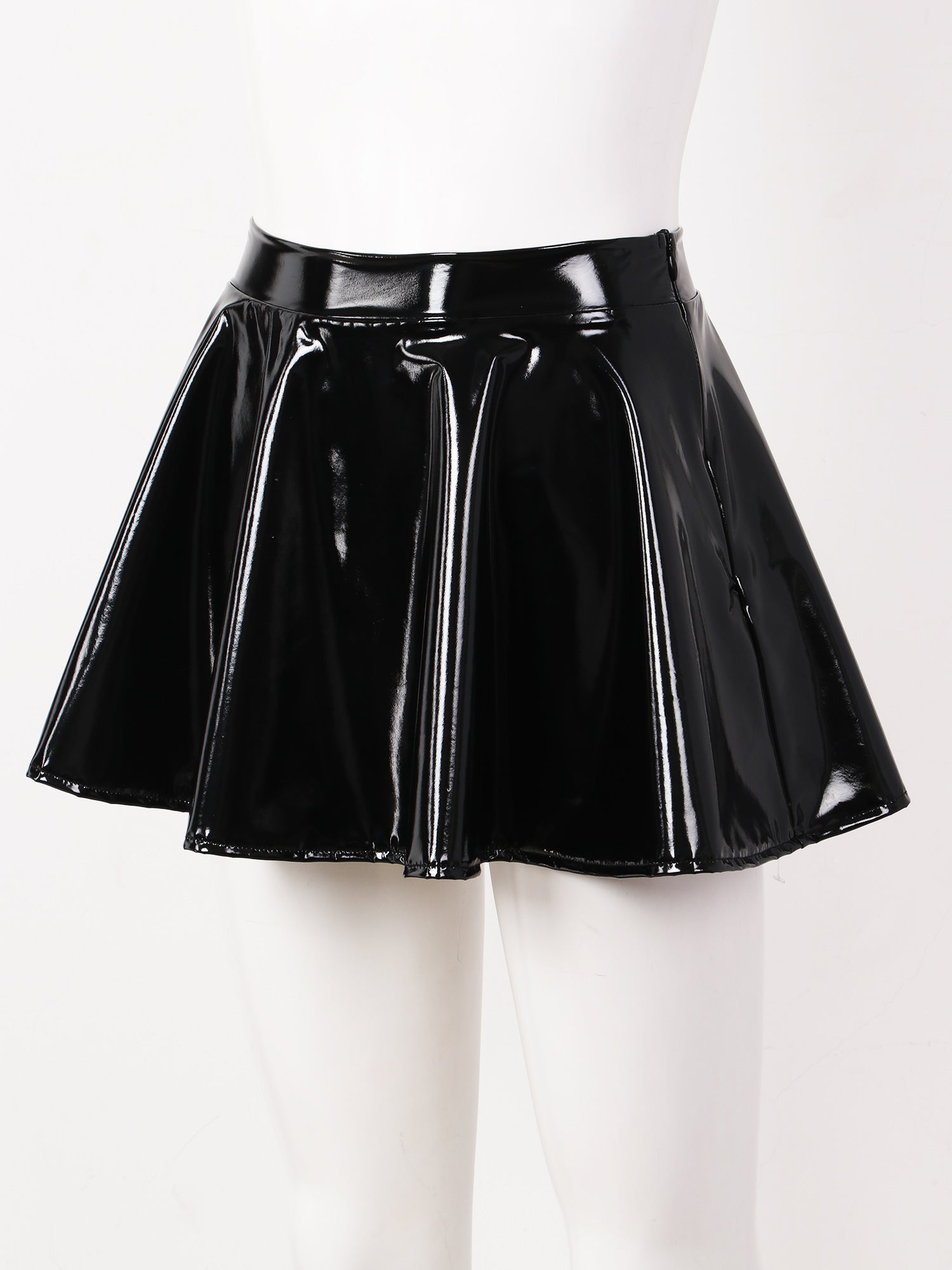 Sexy Damen Wetlook PVC Leder Rüschenröcke Party Low Waist Eingebaute Strings Minirock mit Strumpfhalter Metallclips Set Club