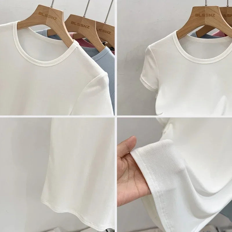 AOSSVIAO 2026 Summer White Cotton O Neck T-shirt Student Short Sleeve Versatile Tops Solid Slim Fit T Shirts Y2k Tee