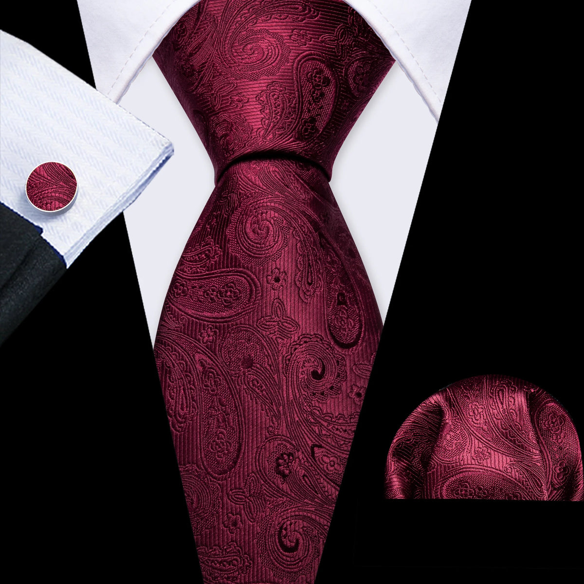 Burgundy Mens Tie Hanky Cufflinks Brooch Set Jacquard Red Wine Maroon Necktie Collar Pin For Male Wedding Events