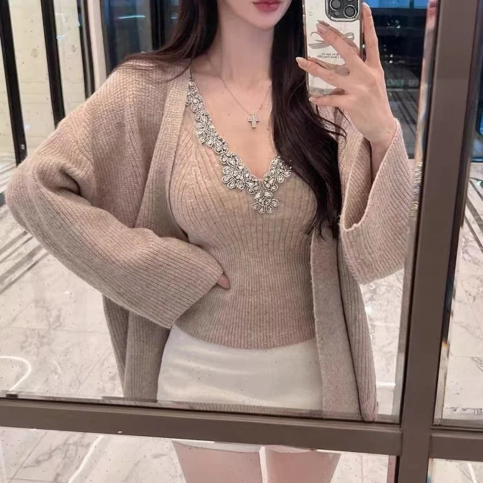 Korean Sle Sexy Sequin Strap Vest Women's Inner Knitted Cardigan Coat Autumn Two-Piece Set Faionable Top And Bot Ensemble