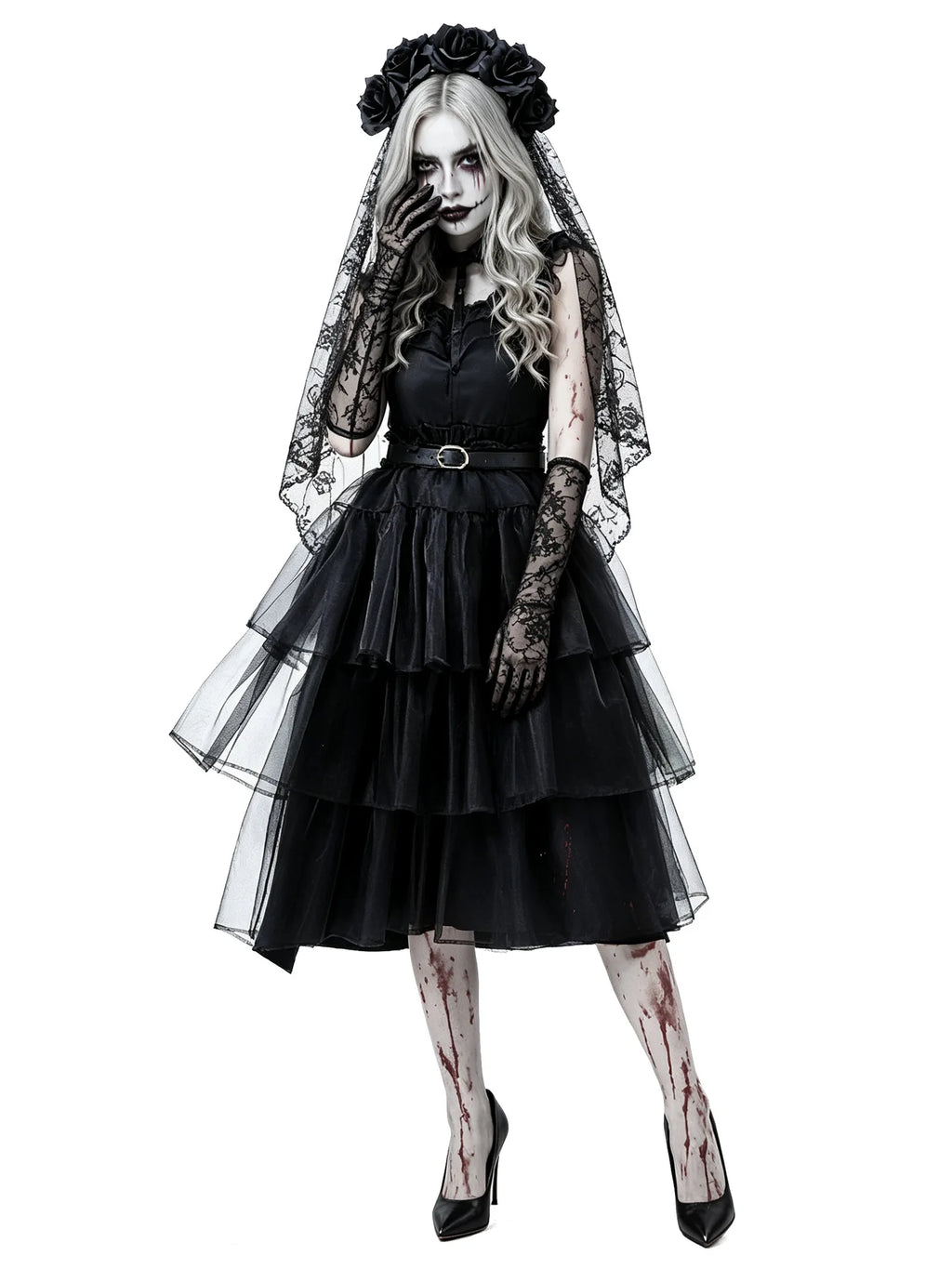 Halloween Zombie Costume Black Lace Ghost Bride Dress Scary Gothic Corpse Bride Outfit for Carnival Party Cosplay