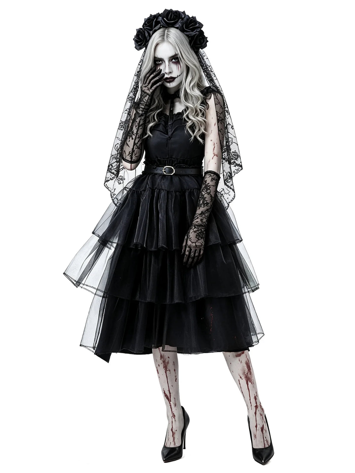 Halloween Zombie Costume Black Lace Ghost Bride Dress Scary Gothic Corpse Bride Outfit for Carnival Party Cosplay