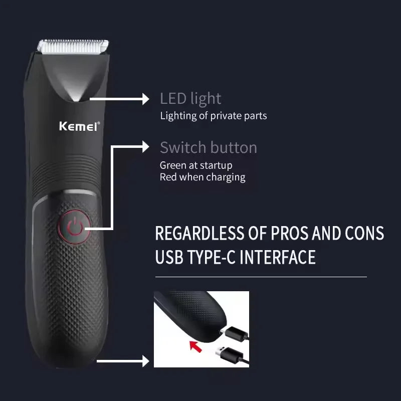 Kemei KM-1838 Bikini Line Men's Full Body Washable Hair Removal Machine Rechargeable Electric Shaver Secret Trimmer With Light