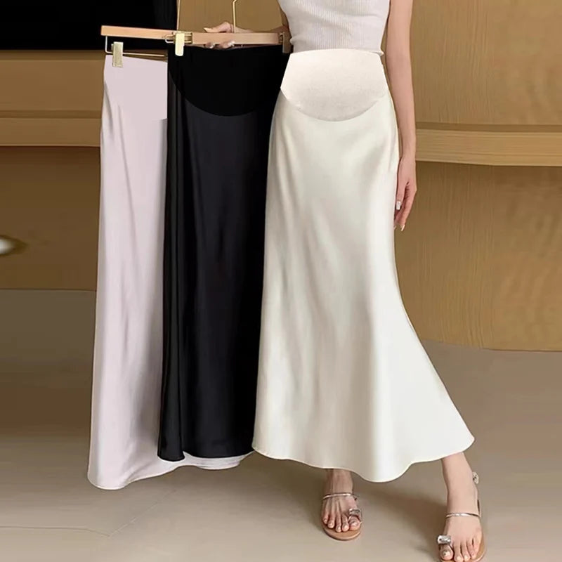 Satin Smooth Drooping Maternity Fishtail Skirts Summer Y2k Youth A Line Pencil Elastic Waist Belly Bottoms for Pregnancy Women