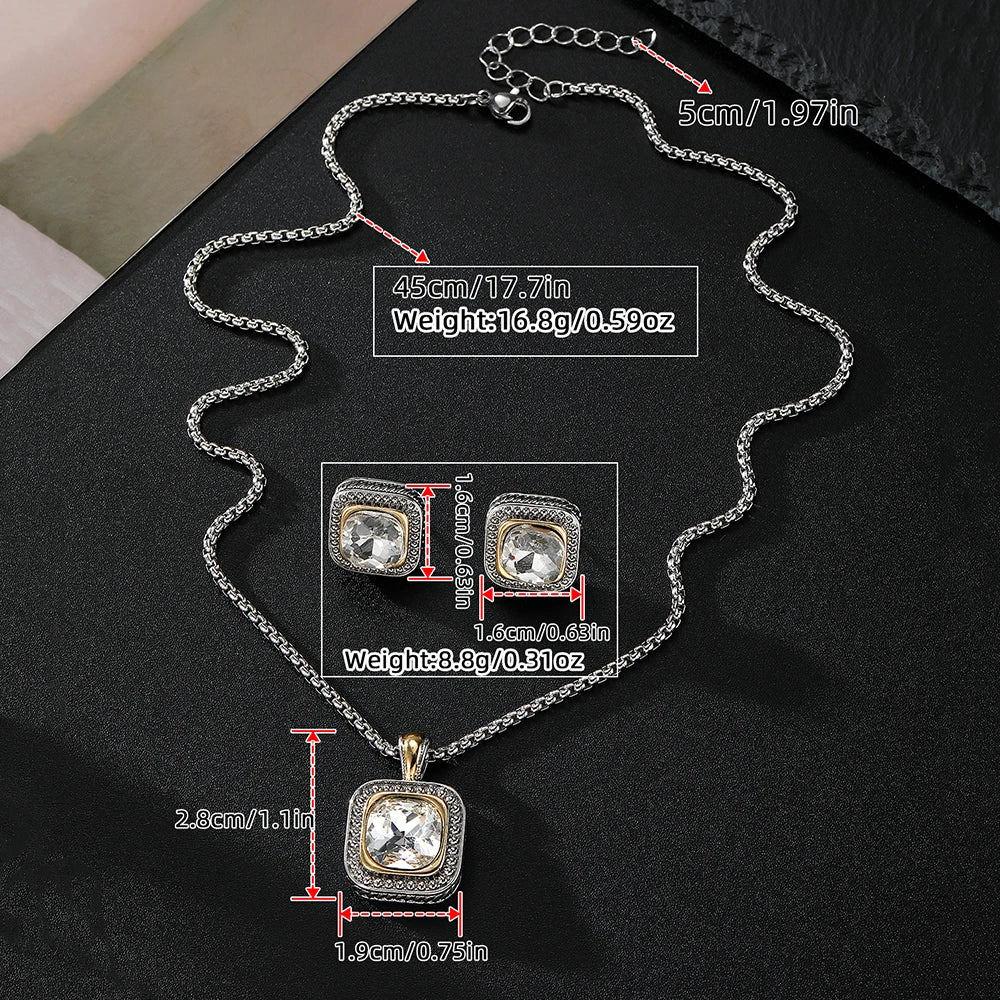 Zircon Necklace Set Geometric Square Pendant Earrings Copper Plated 18K Gold Jewelry Set