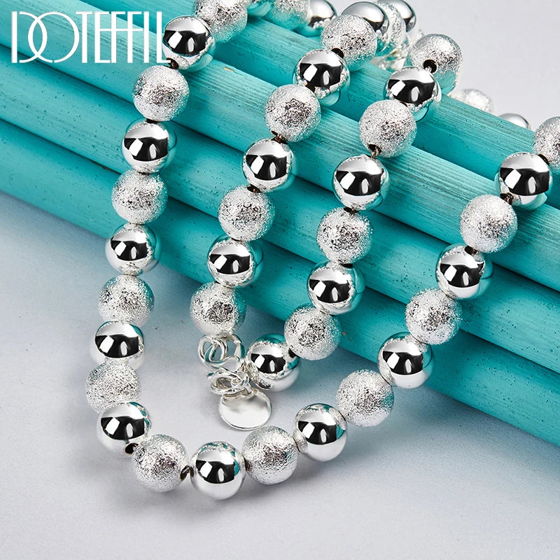 DOTEFFIL 925 Sterling Silver Matte Smooth 8mm Bead Necklace Bracelet Set For Woman Wedding Engagement Fashion Charm Jewelry