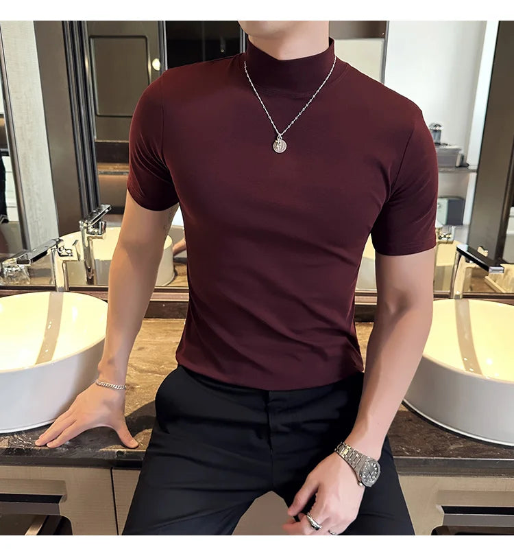 Spring Summer Men's Half High Neck Short Sleeve T-shirt Korean Slim Fit Solid Color Bottom Shirt Casual Cotton Elastic T-shirts
