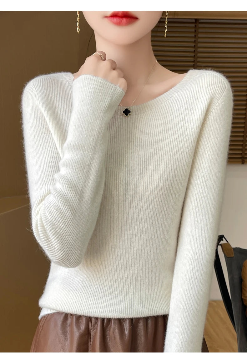 Early Fall New Crew-Neck Sweater Elegant High Elastic Simple Solid Color Thin Knit Crew-Neck Sweater Long Sleeve-GH458