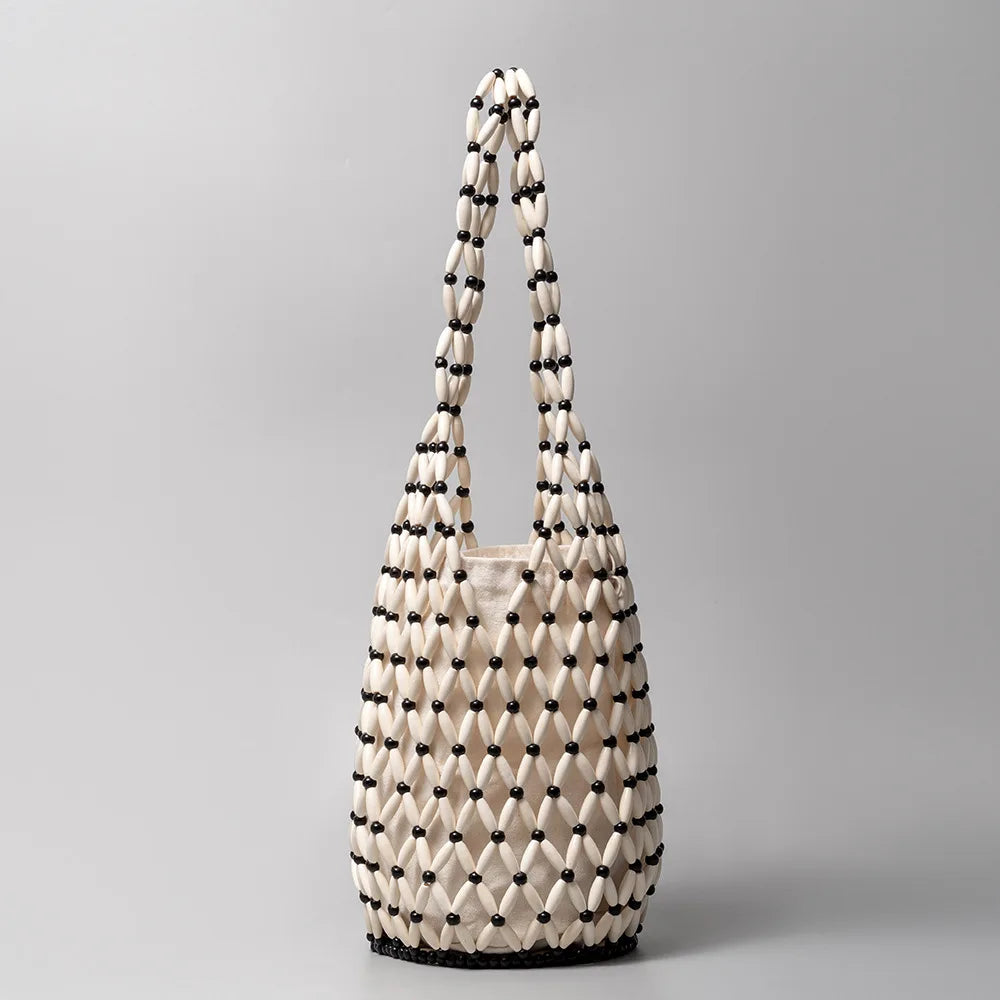 Summer Boho Style Hollow Out Woven Bag for Women Fashion Wooden Beads Shoulder Bag Seaside Holiday Mesh Bucket Tote Bags Bolsa