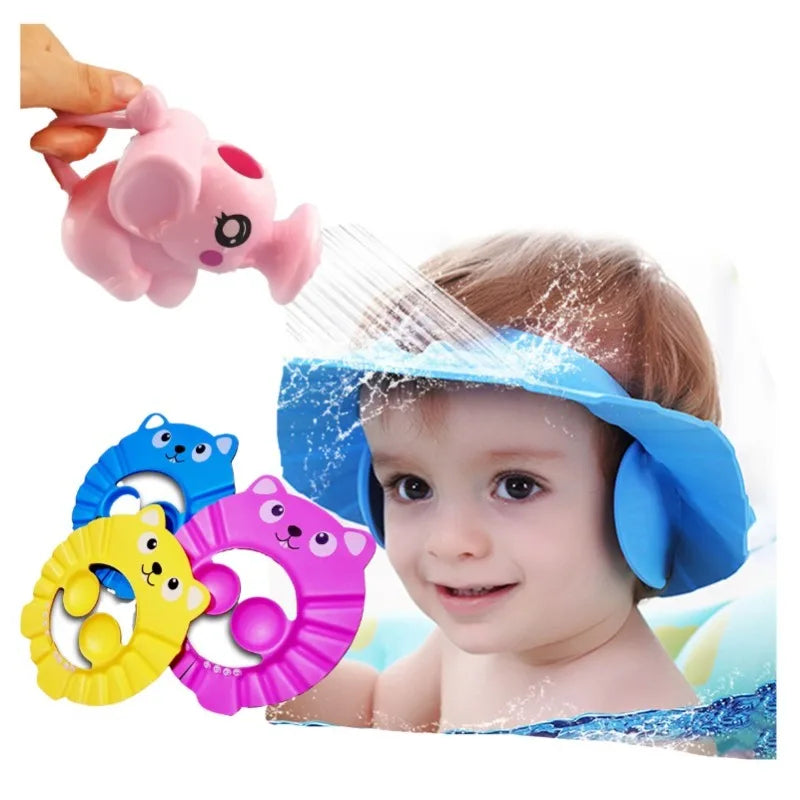Adjustable Baby Shower Cap 0-6Y - Waterproof Eye/Ear Protection + Elephant Shower Head, Soft Rubber Bath Set for Toddlers